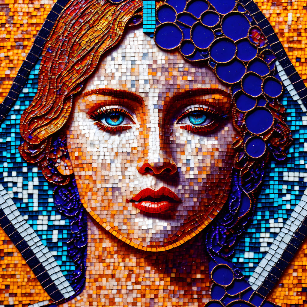 Vibrant mosaic art of a woman with blue eyes and intricate tile patterns