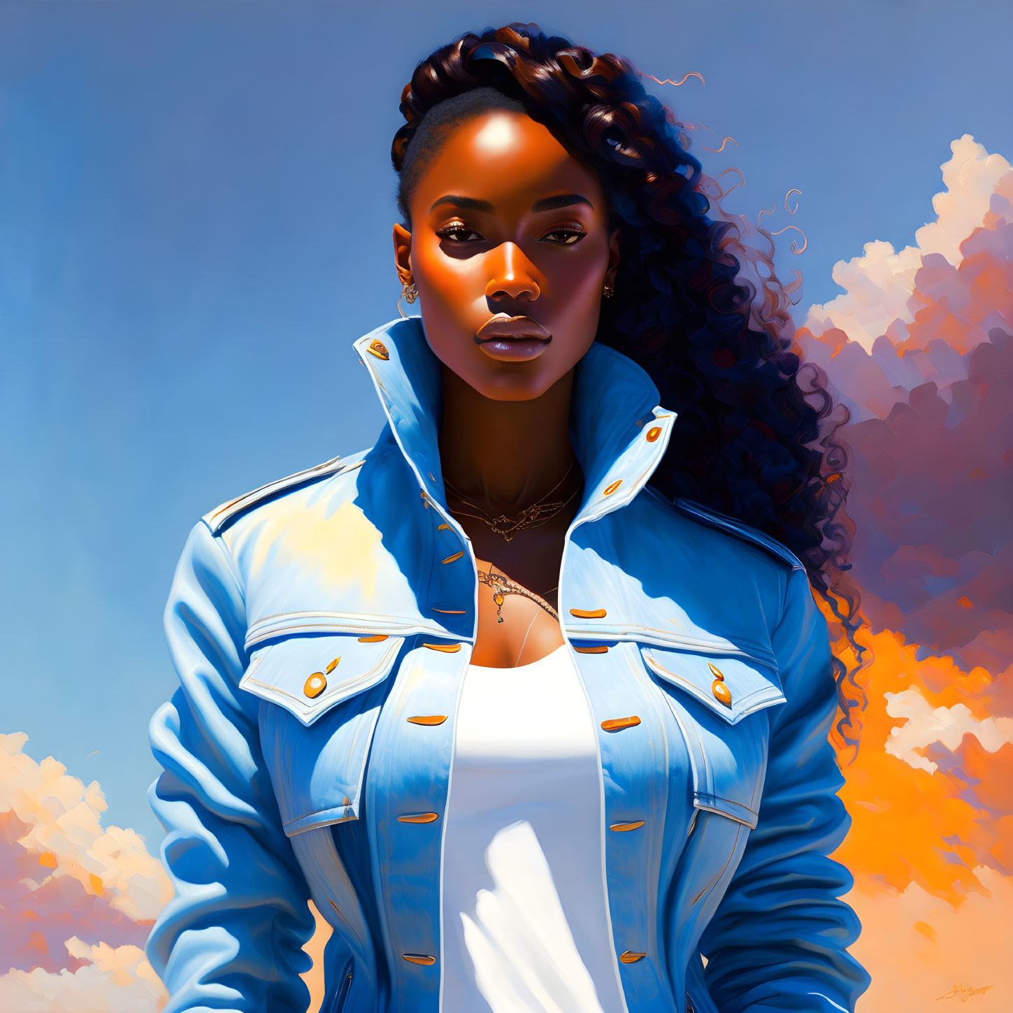 Digital portrait of woman with dark hair in blue jacket against orange and blue cloud backdrop