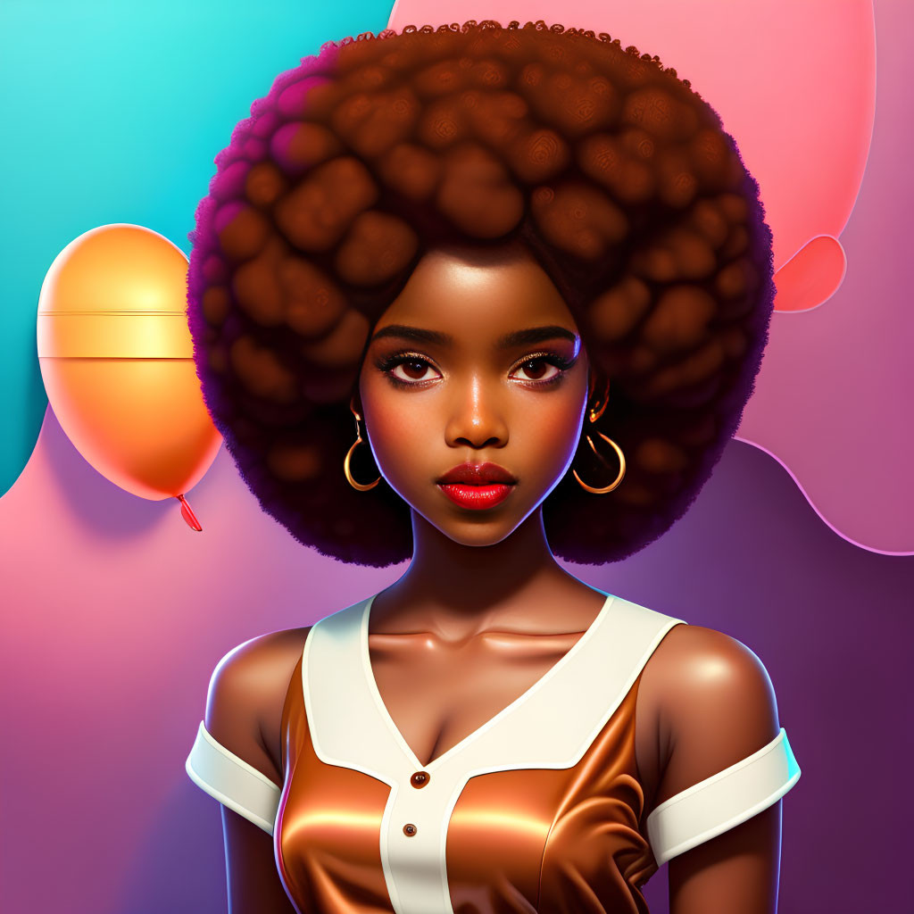 Digital illustration of woman with large afro and brown satin top on colorful background