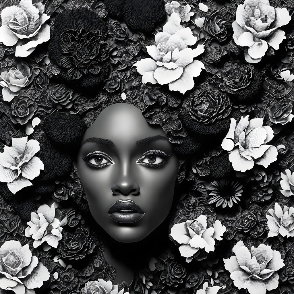 Monochromatic portrait of woman's face with black and white rose tapestry