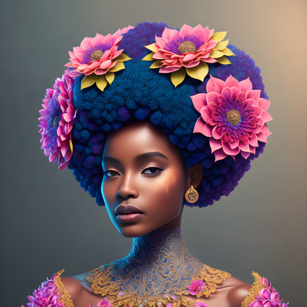 Vibrant digital artwork of woman with blue afro and lotus flowers.