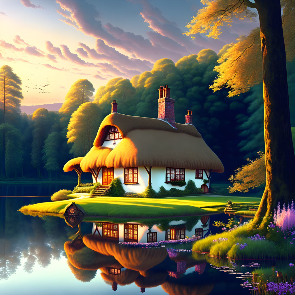 Thatched Cottage by Calm Lake Surrounded by Nature