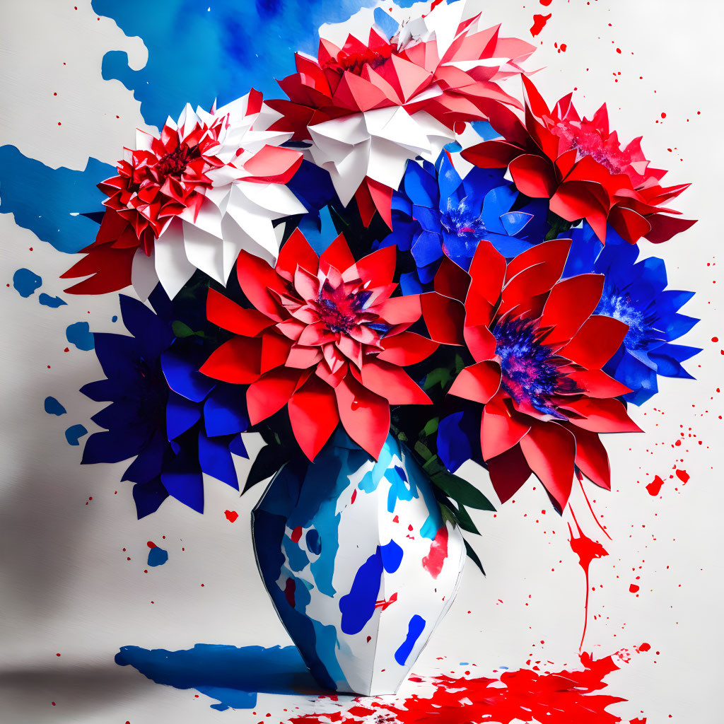 Colorful Paper Art Display: Red, White, and Blue Flowers in Paint Vase