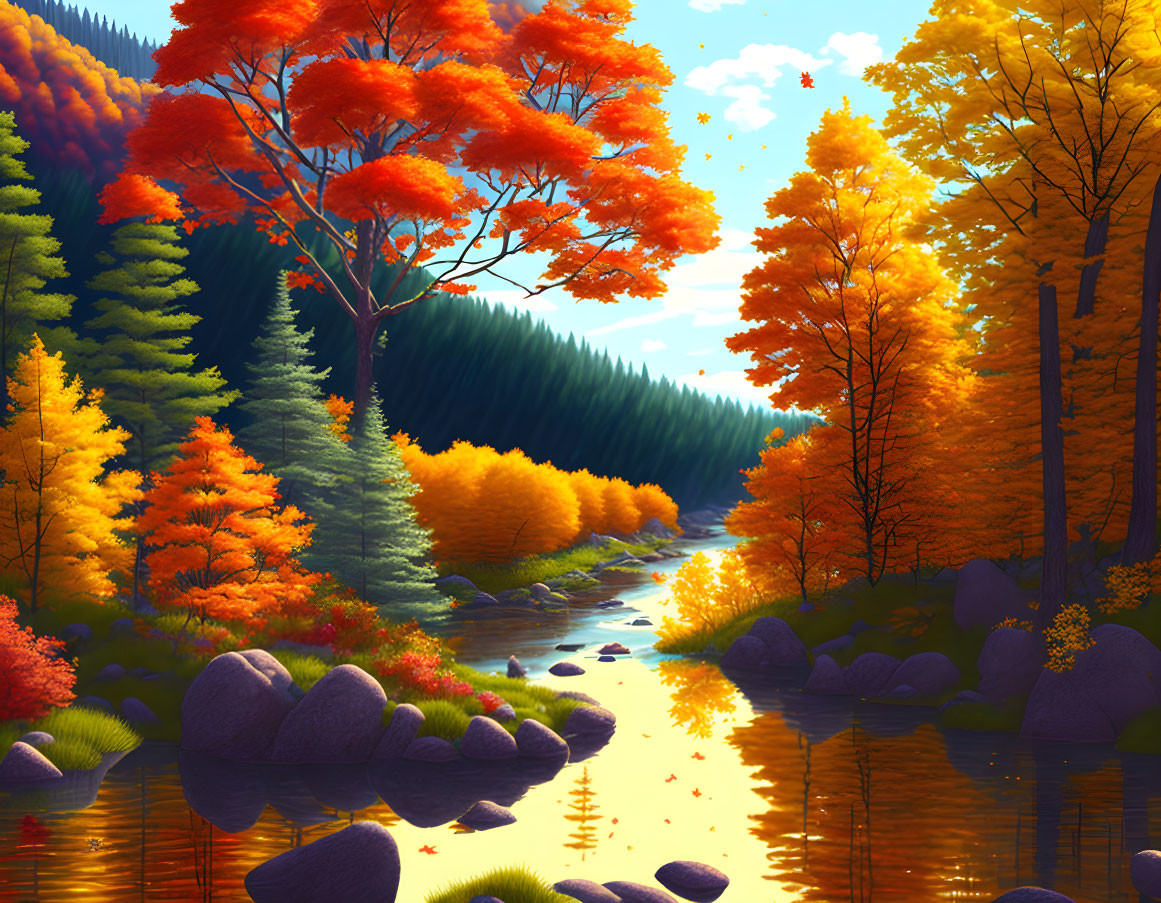 Serene autumn forest with fiery foliage and flowing river