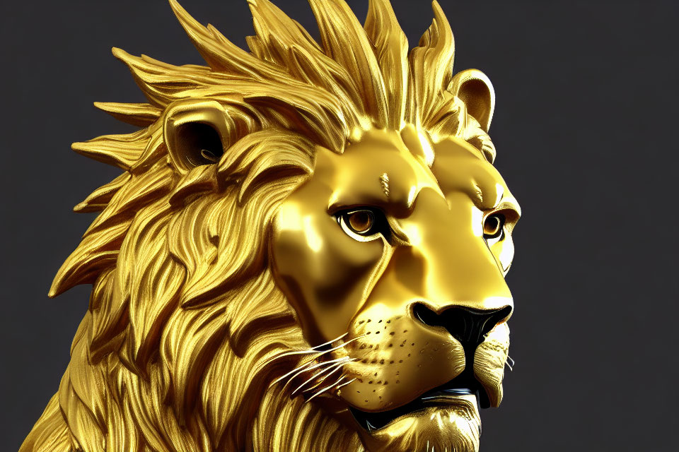 Golden lion head sculpture with flowing mane on dark background