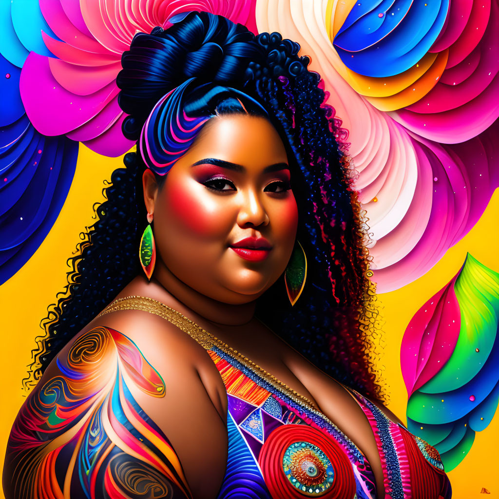 Colorful digital portrait of a woman with swirling patterns, styled hair, makeup, tattoos, and jewelry