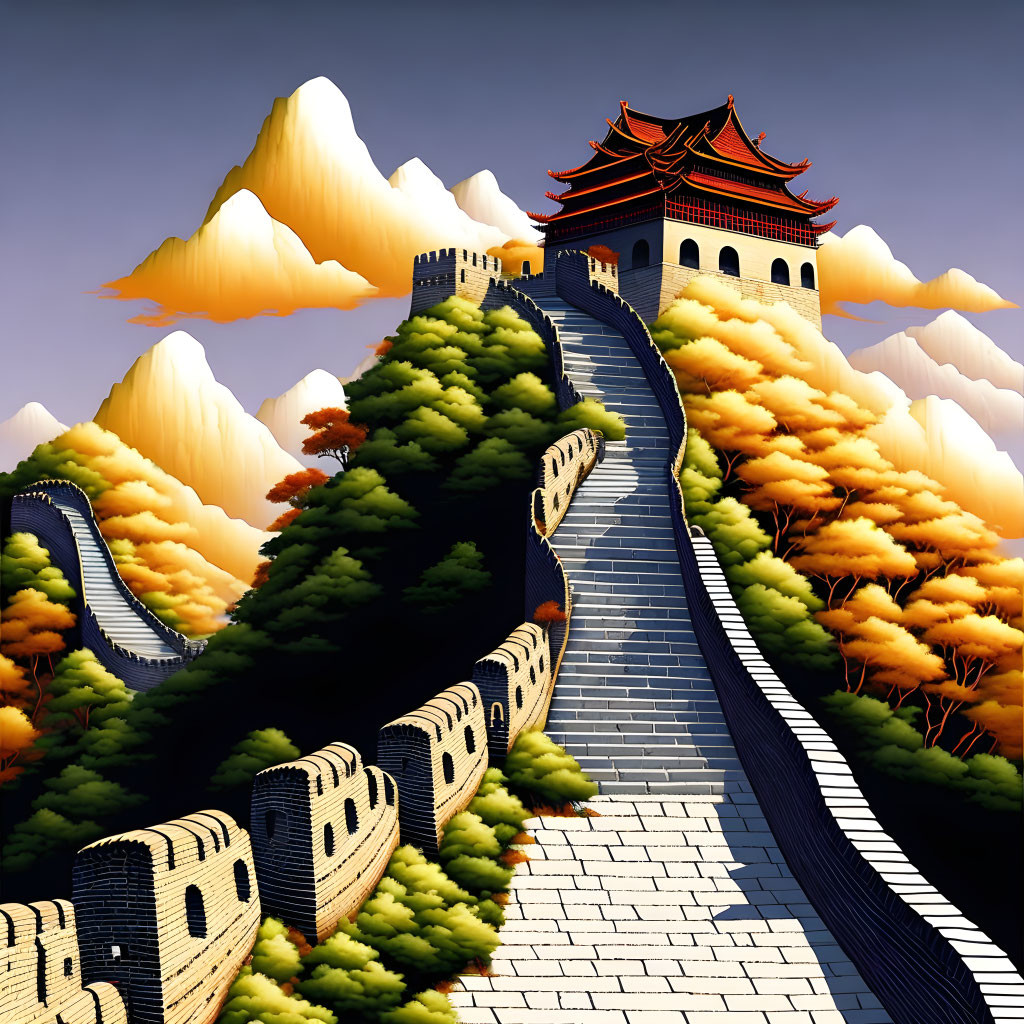 Great Wall of China in scenic landscape with dramatic sky and golden trees
