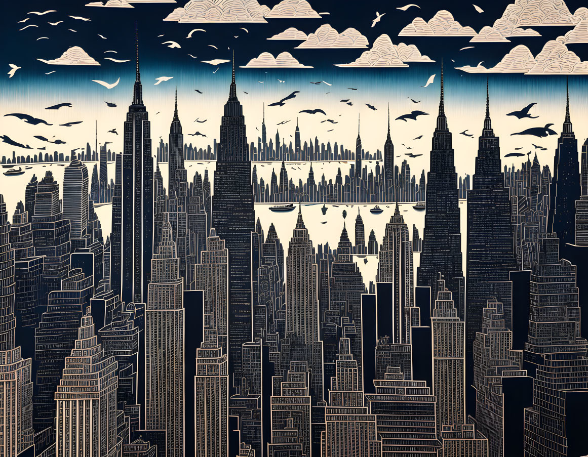 Monochromatic city skyline art with skyscrapers, clouds, birds, and water reflection