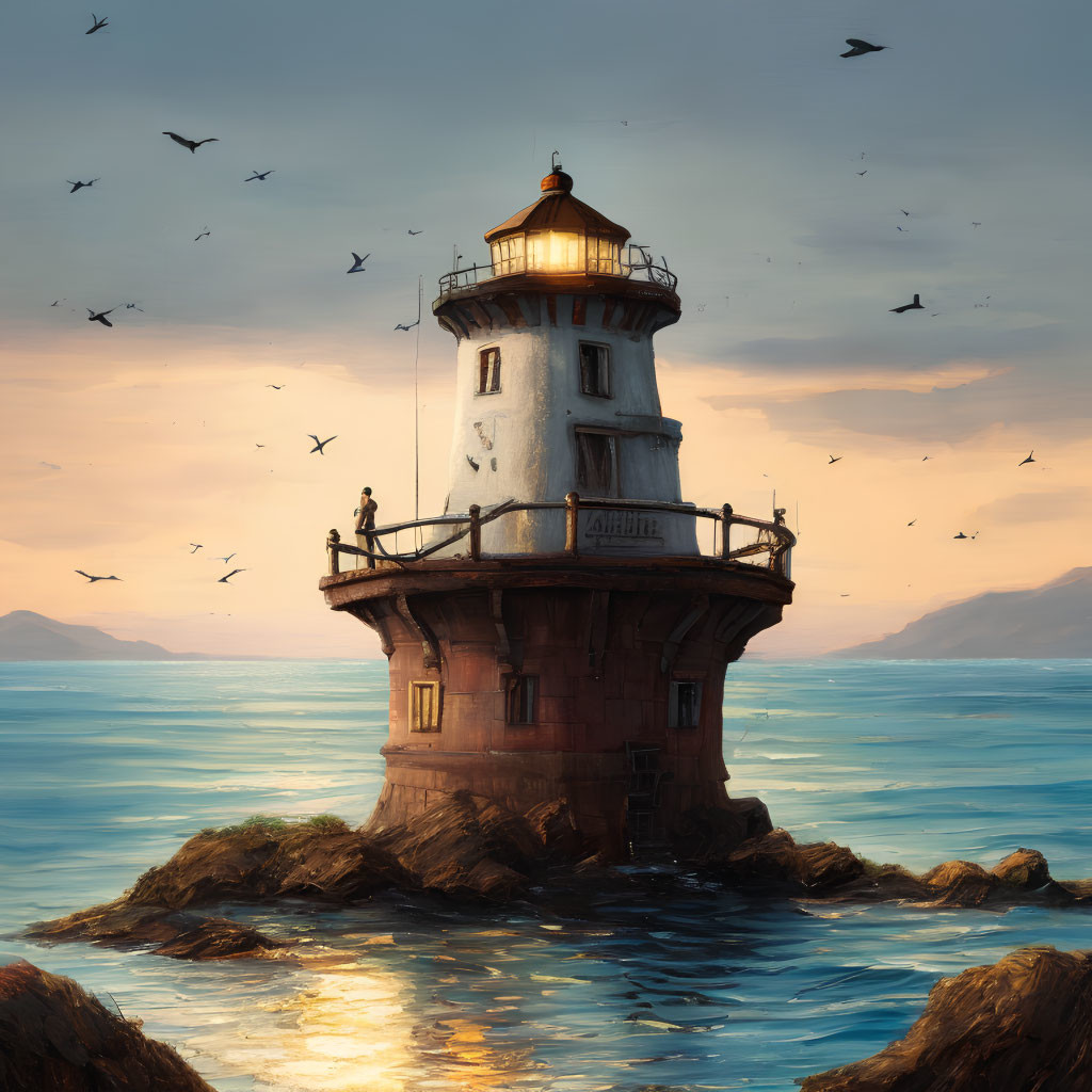 Tranquil seascape with person on lighthouse balcony at sunset