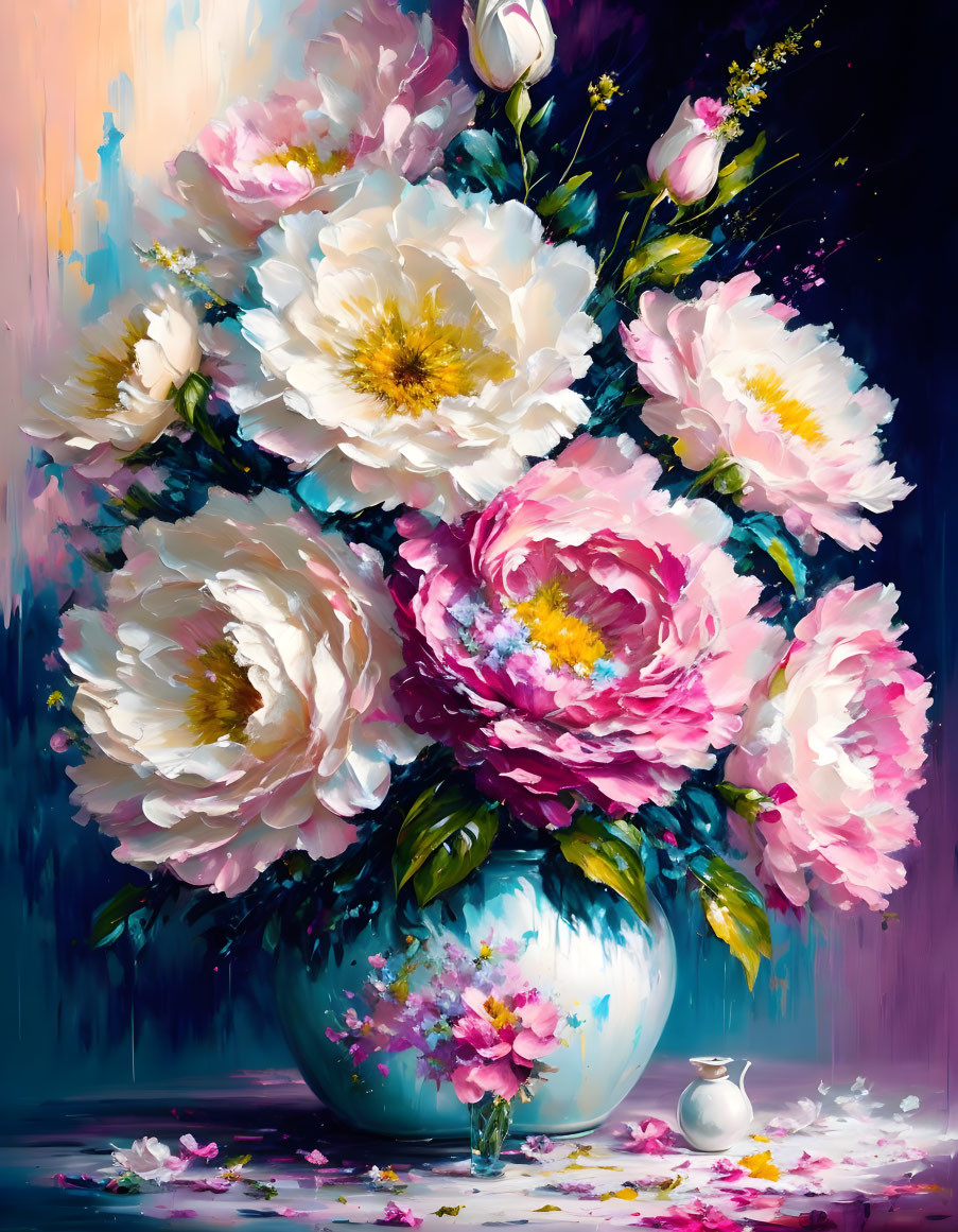 Vibrant oil painting: Pink and white peonies in blue vase