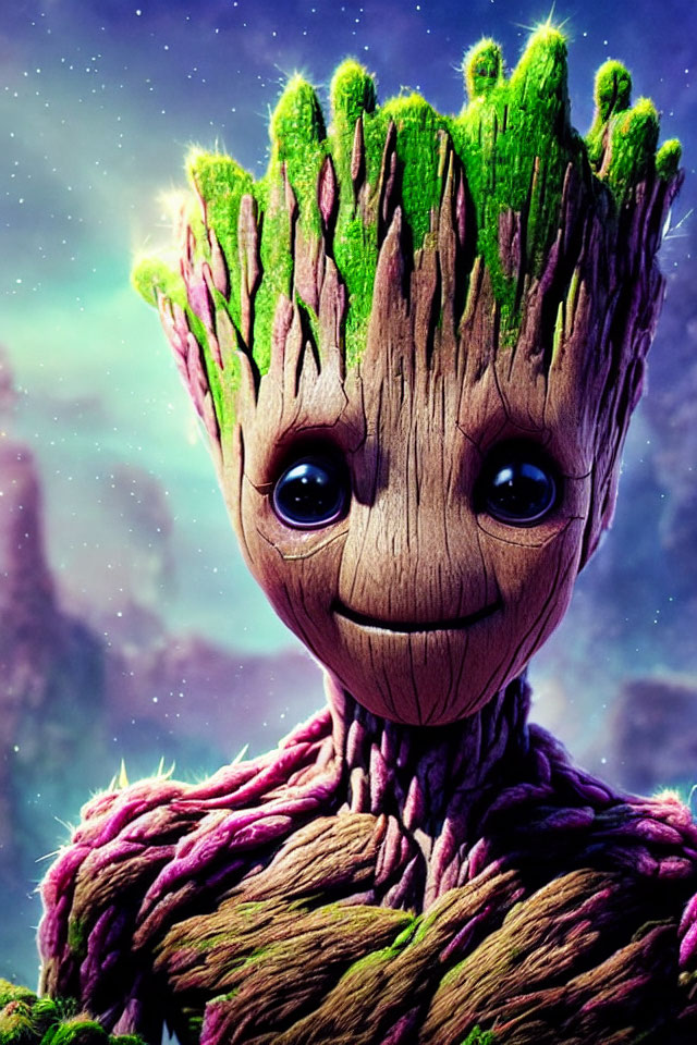 Friendly Groot Character in Cosmic Setting