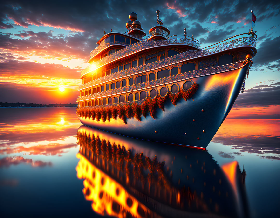 Cruise ship sailing on calm water at sunset