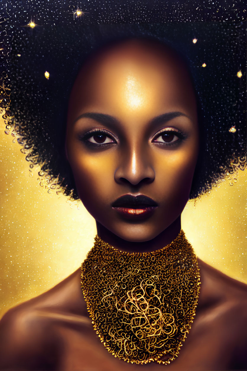 Dark-skinned woman with serene expression and gold necklace on starry backdrop