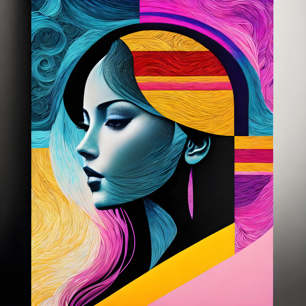 Colorful geometric profile of a woman with vibrant blue, pink, yellow, and black hair.