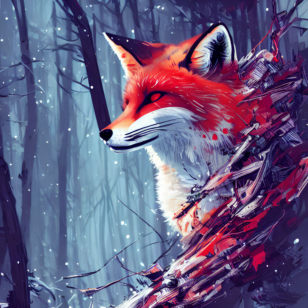 Red Fox in Snowy Forest: Vibrant Illustration with Wooden Branches