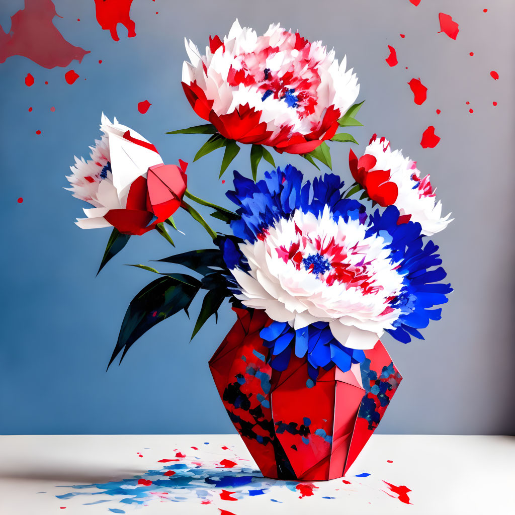 Colorful Geometrical Flowers in Red Vase on Blue Background