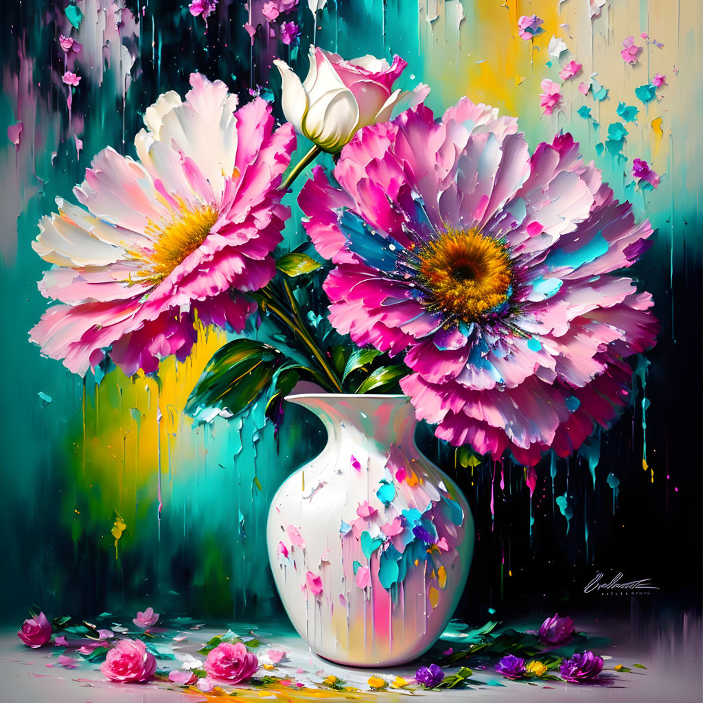 Colorful Painting of Large Stylized Flowers in White Vase