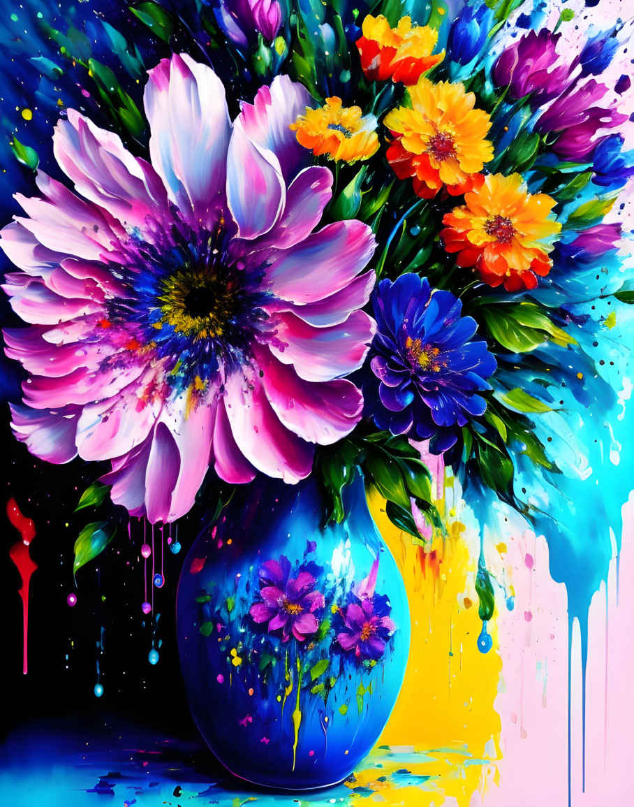 Colorful Flowers in Vase with Dynamic Paint Background