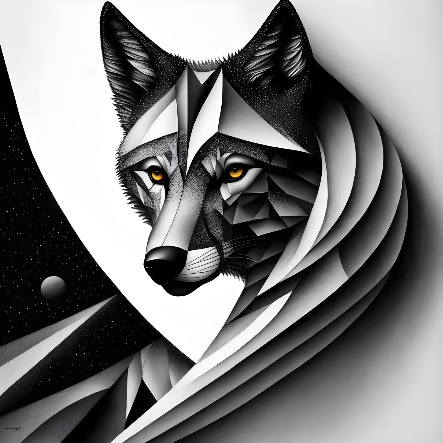 Geometric Wolf Illustration with Yellow Eyes and Starry Night Motif