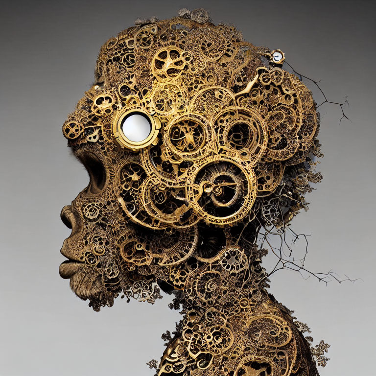 Steampunk-themed head profile with mechanical gears and cogs.