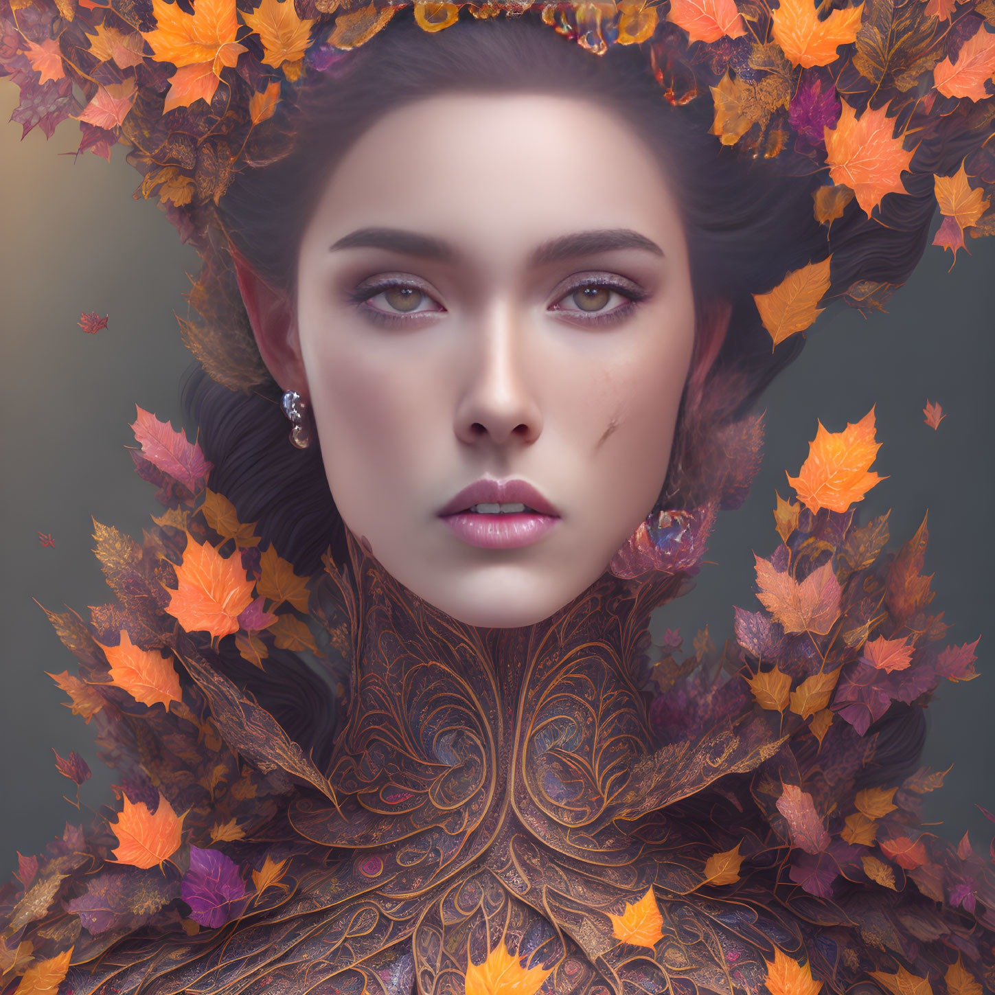 Digital Artwork: Woman with Autumn Leaves and Peacock Feather Collar