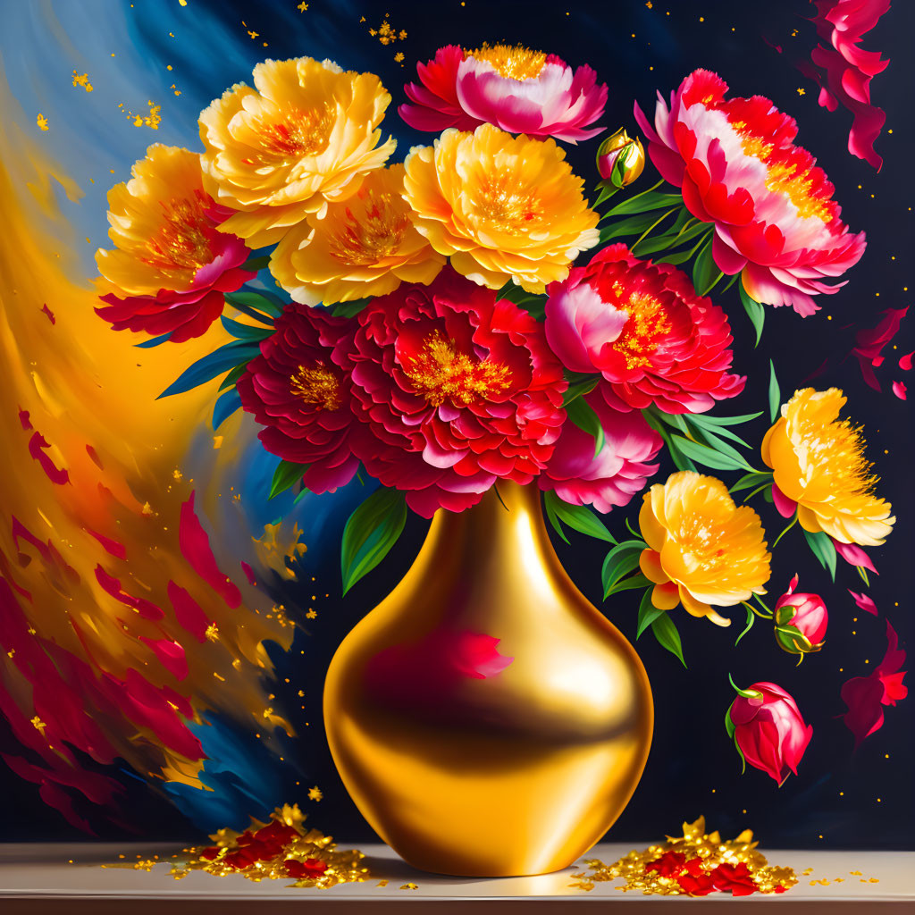 Colorful Peony Bouquet in Golden Vase on Dynamic Background