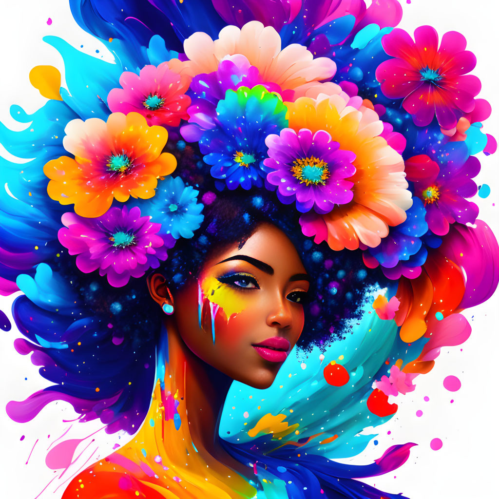 Colorful Floral Hairstyle Illustration on White Background