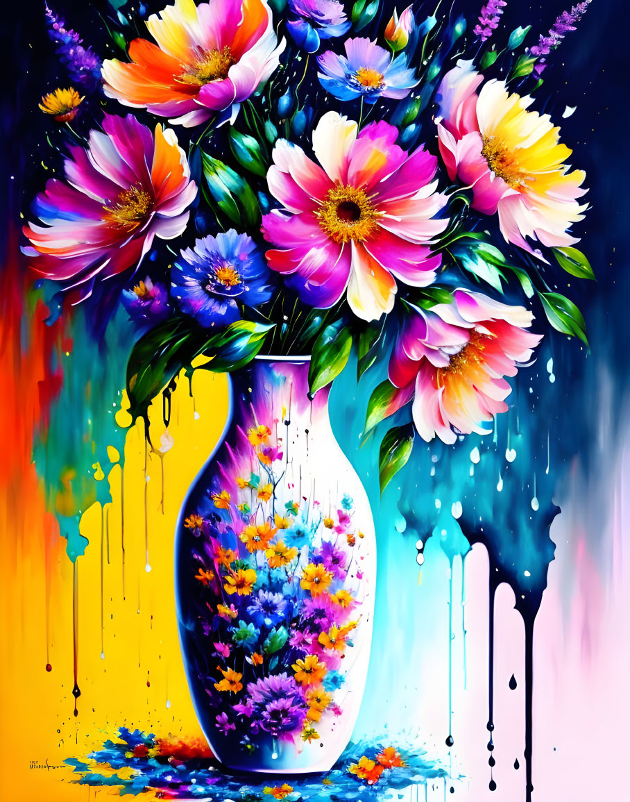 Colorful Flower Bouquet Painting with Expressive Dripping Paint Details