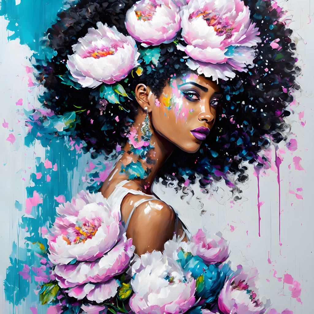 Woman with White Flowers in Curly Hair and Colorful Makeup on Paint Splatter Background