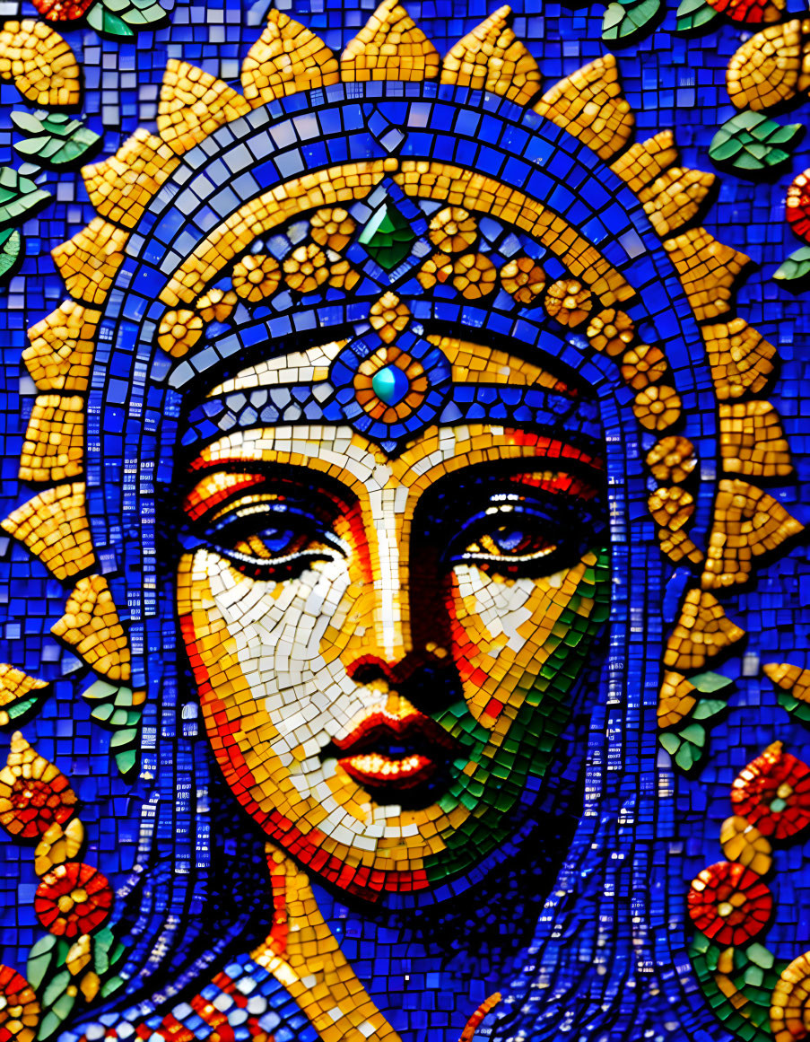 Colorful mosaic artwork of a woman with intricate details in blues, golds, and reds