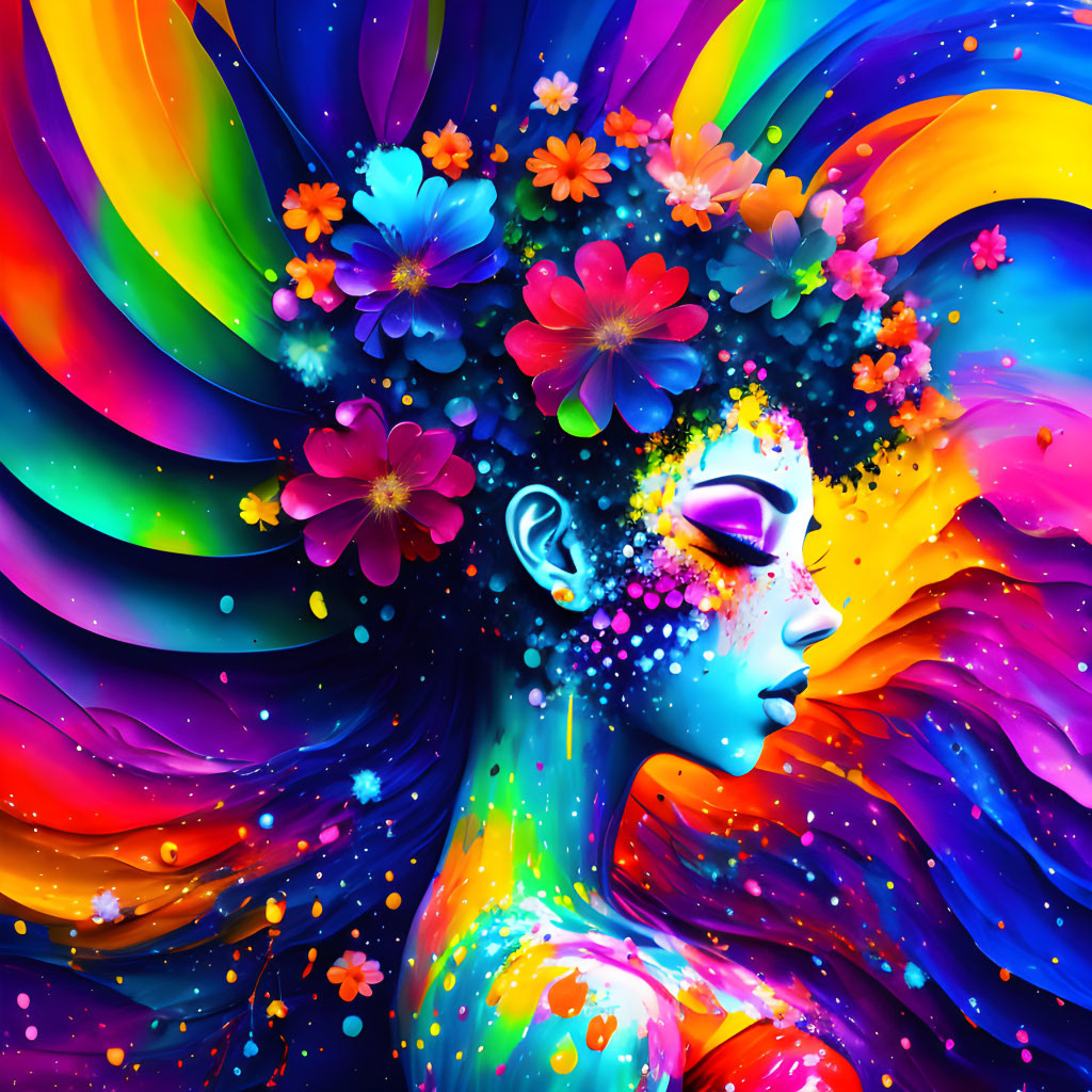 Colorful floral headpiece person illustration with rainbow background