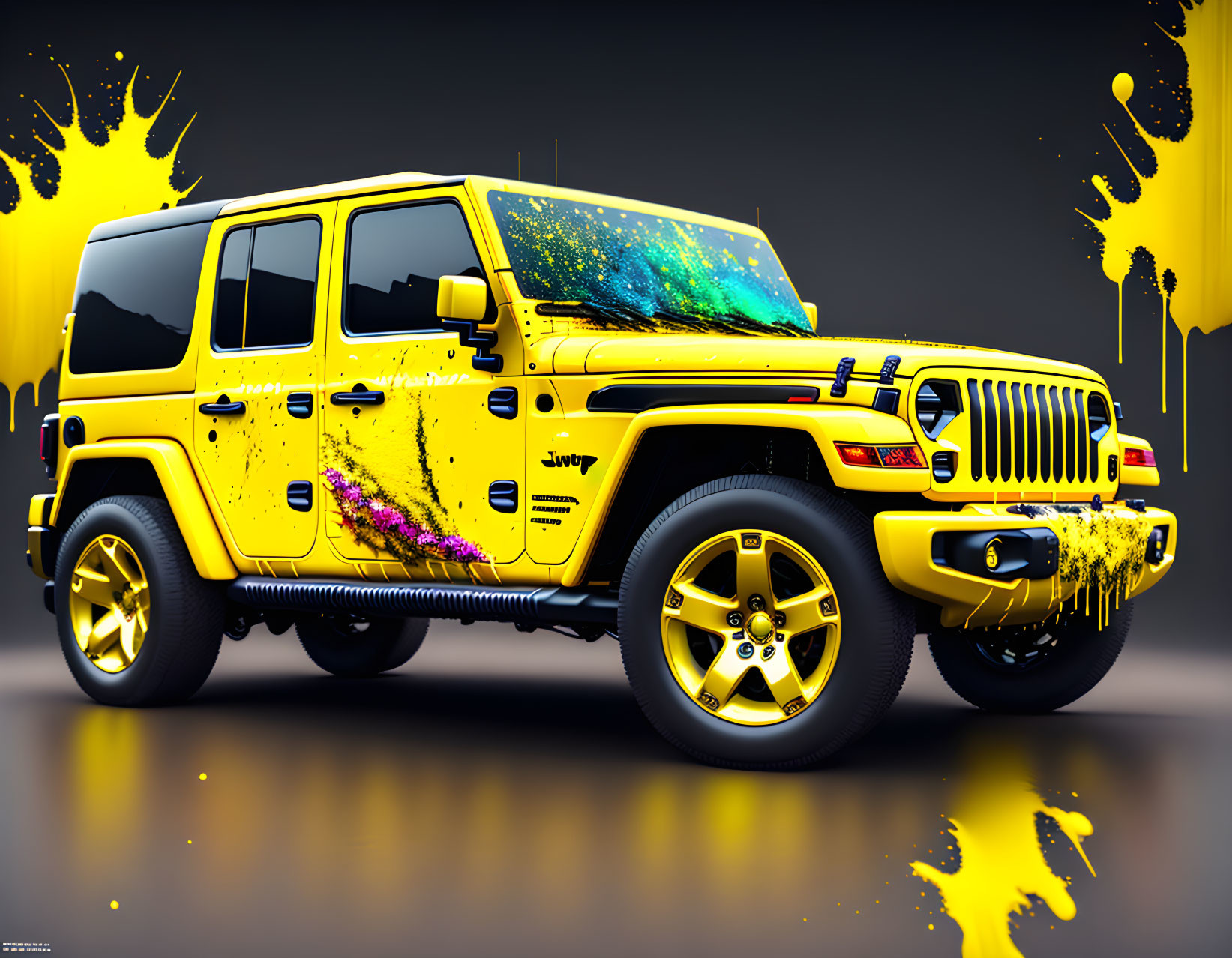 Colorful Paint-Splashed Yellow Jeep on Gray Background