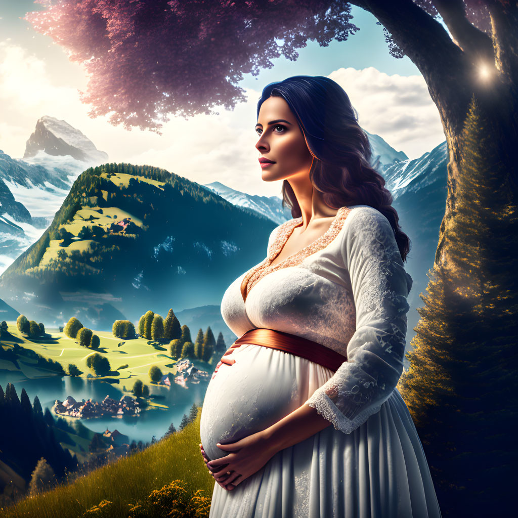 Pregnant Woman in White Dress Contemplating Mountain Landscape at Sunset