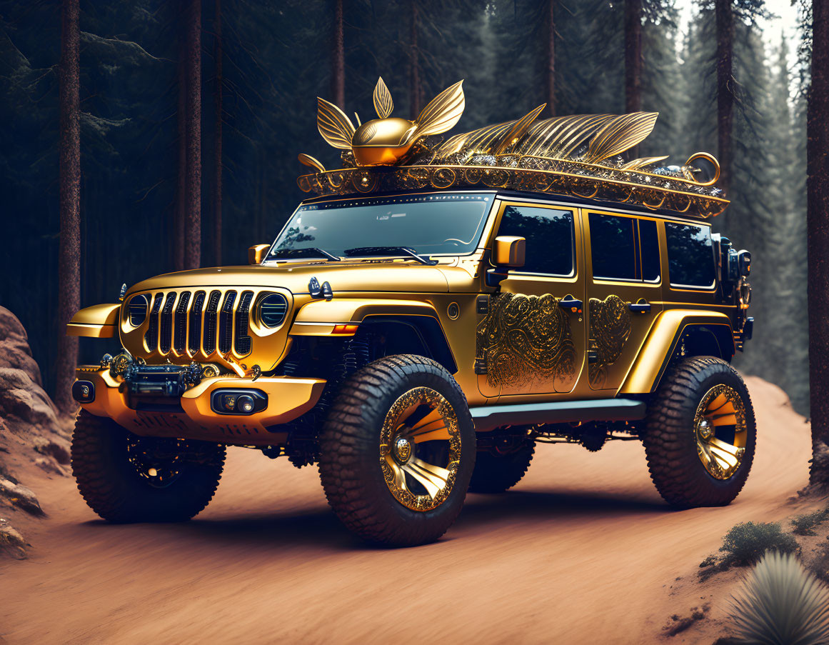 Luxurious Gold-Plated Jeep SUV in Forest Setting