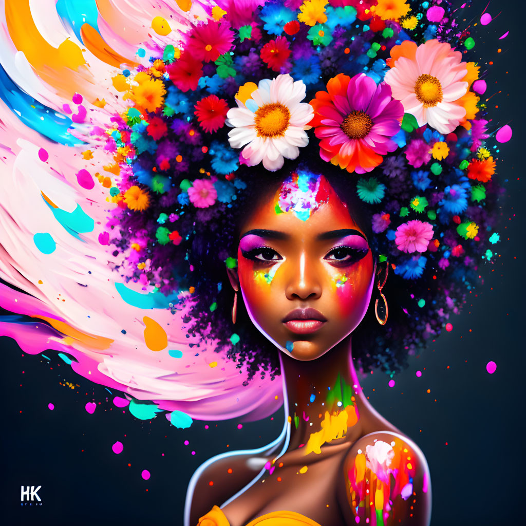 Colorful illustration of woman with flower-adorned afro and paint splashes