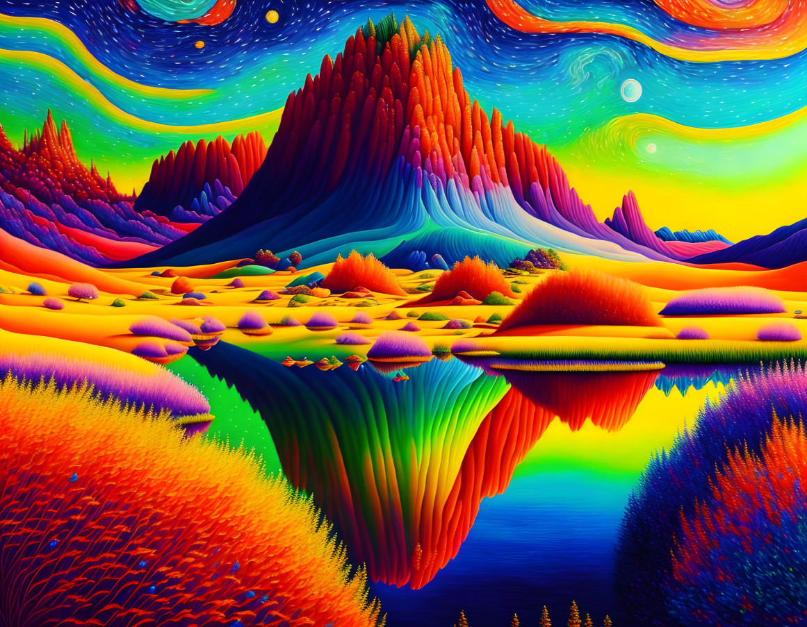 Surreal neon landscape with reflecting mountains and cosmic skies