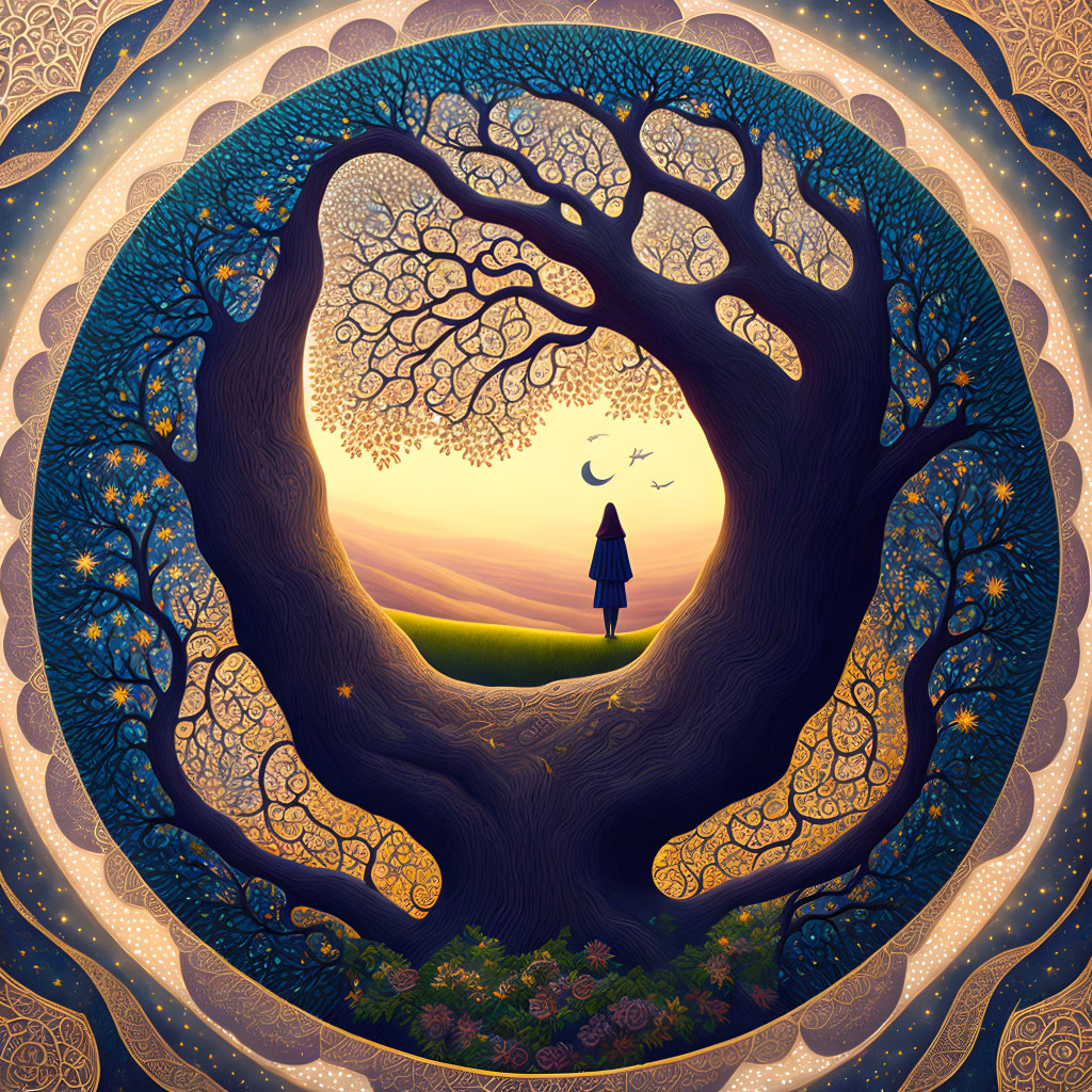 Artwork of person under intricate tree with moonlit sky and birds