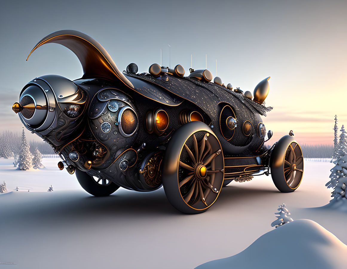 Steampunk-inspired vehicle with golden wheels in snowy landscape.