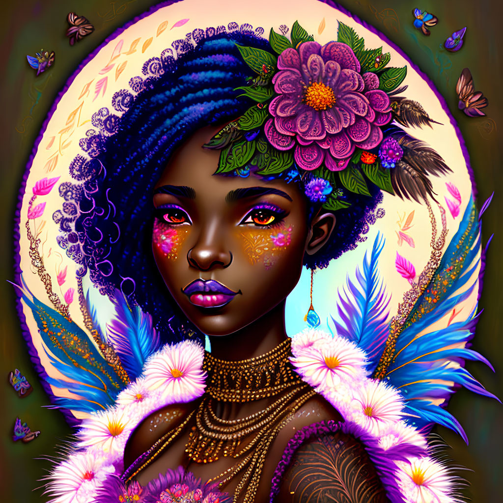 Colorful woman with floral headdress, face paint, necklace, and butterflies.