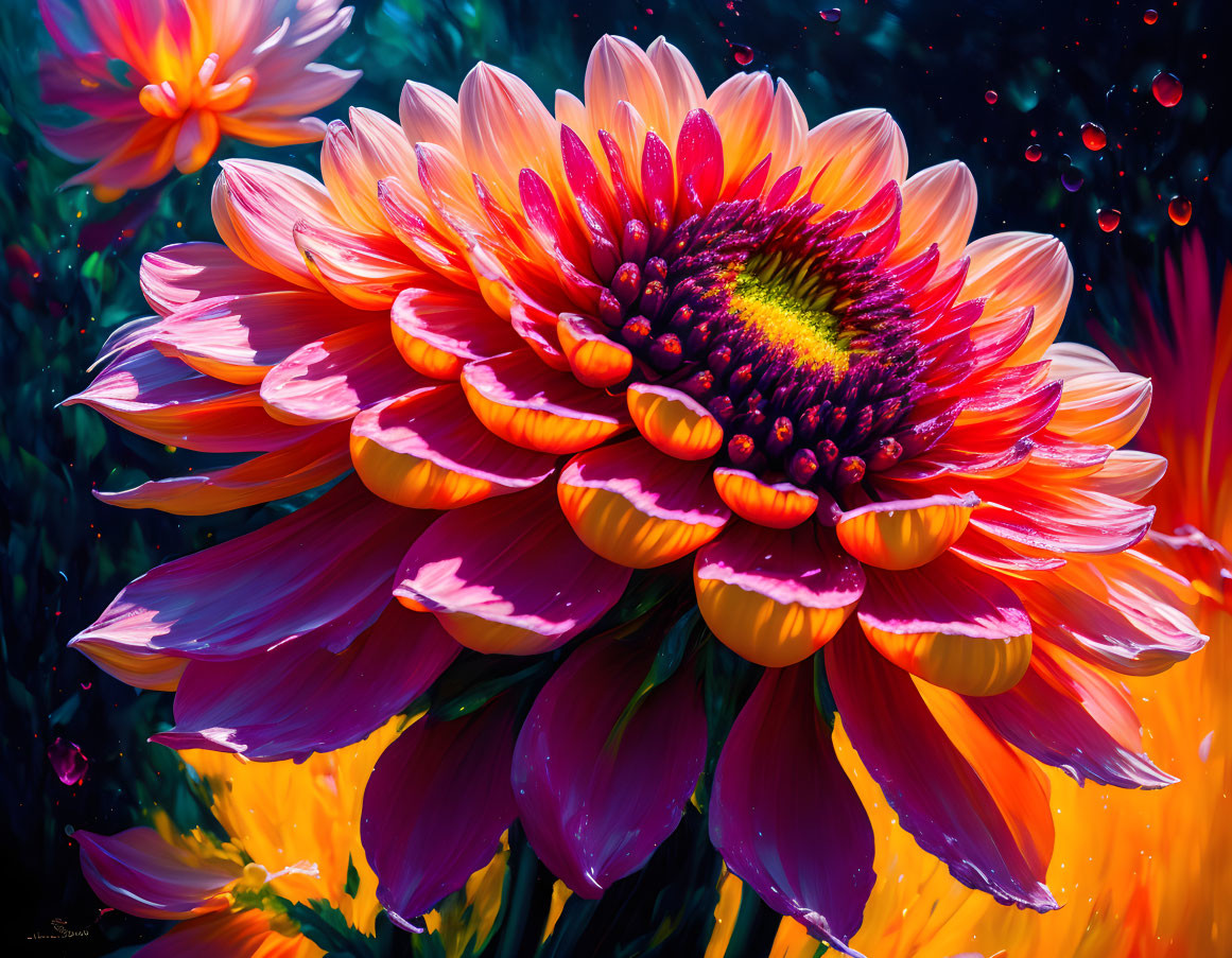 Close-up vibrant pink and yellow flower with droplets against blurred background