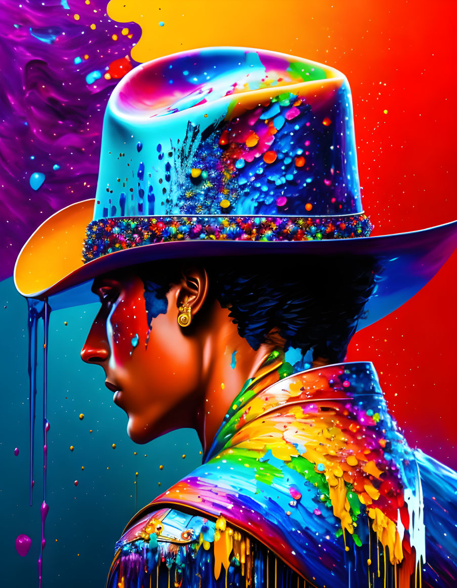 Colorful portrait of person in melting paint-dripping hat and suit