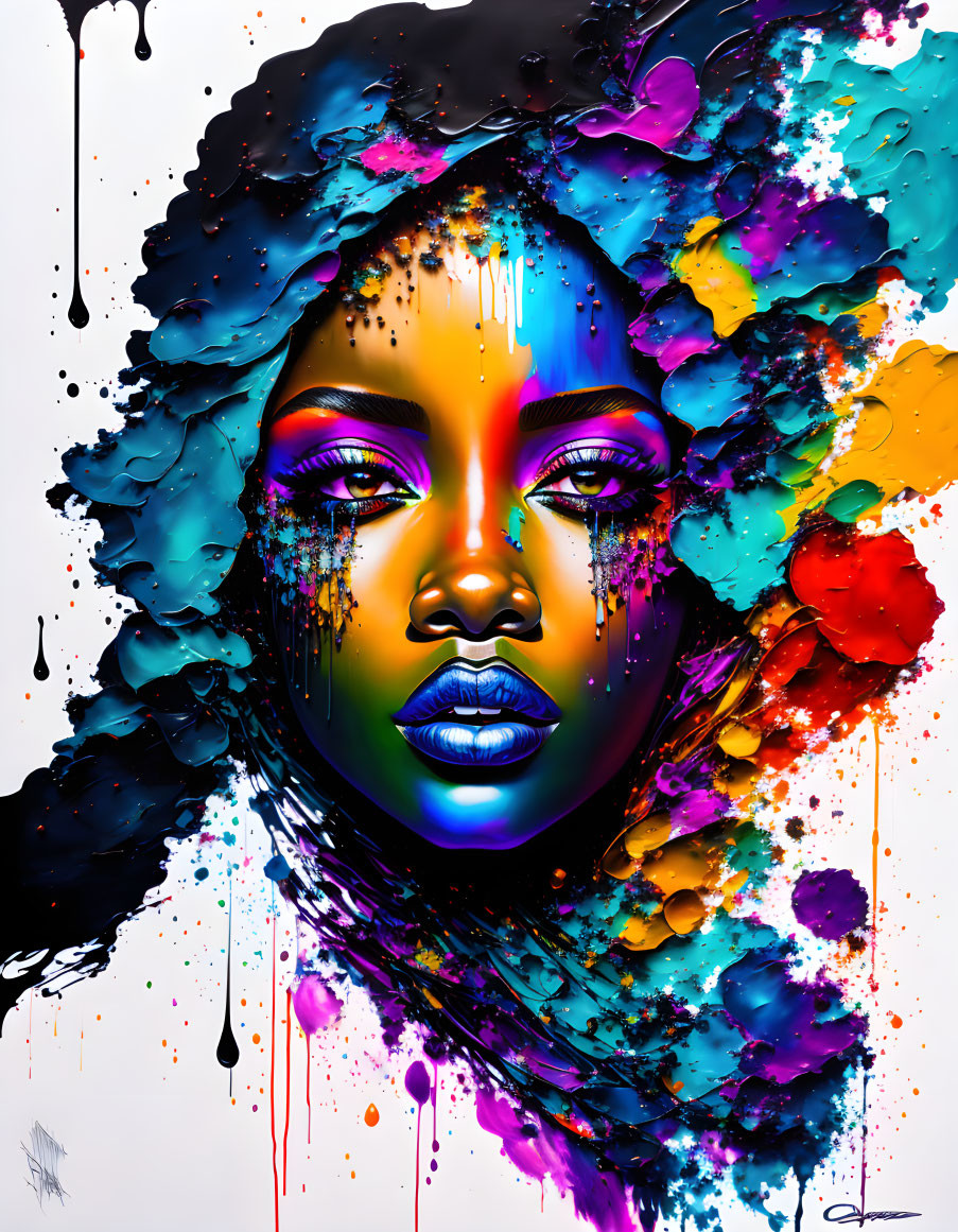 Colorful portrait of a woman with flowing multicolored paint, bold hues, and striking features.