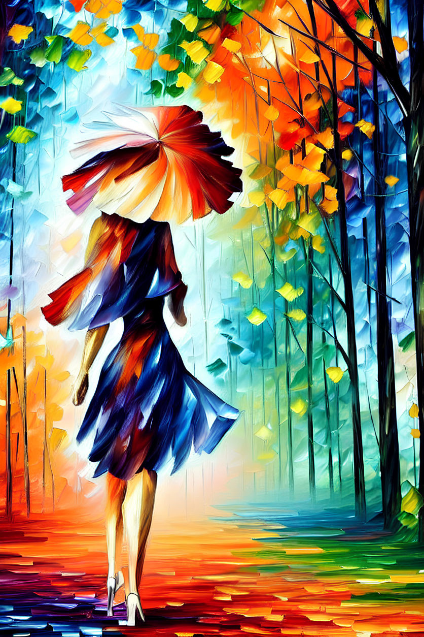 Vivid autumnal forest painting with a woman walking