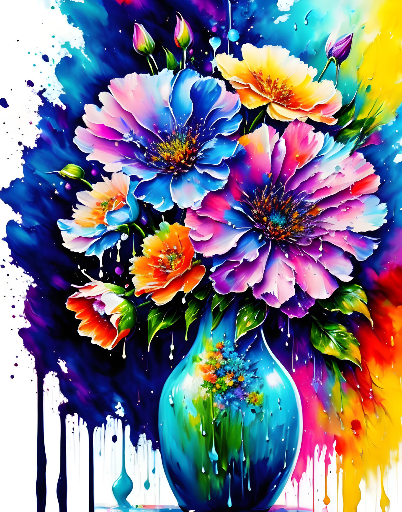 Colorful Flower Bouquet Painting in Blue Vase on Dark Background