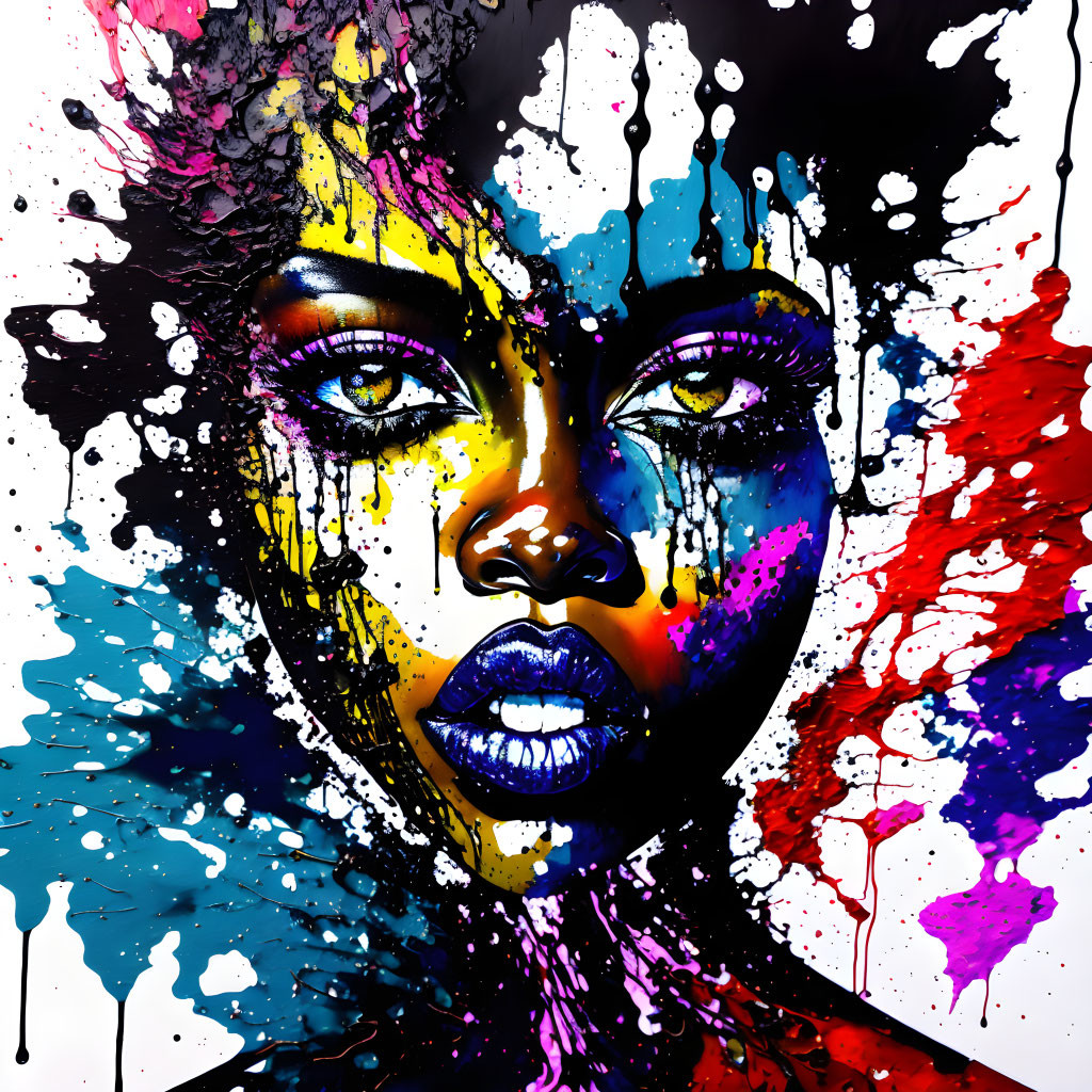 Vibrant paint splashes on woman's face in colorful artwork