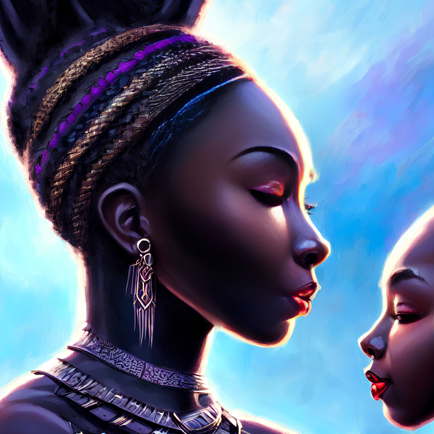 Stylized female figures with detailed braids and traditional jewelry on blue backdrop