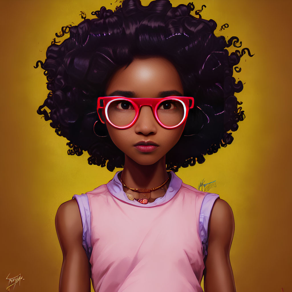 Girl with Voluminous Curly Hair and Red Glasses on Yellow Background