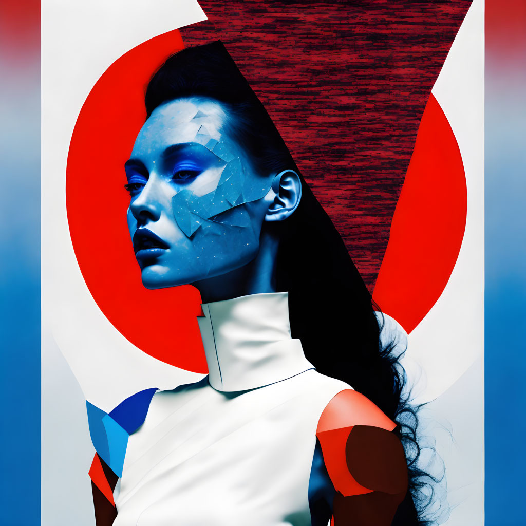 Blue-tinted woman with geometric patterns on face against red and white circular backdrop