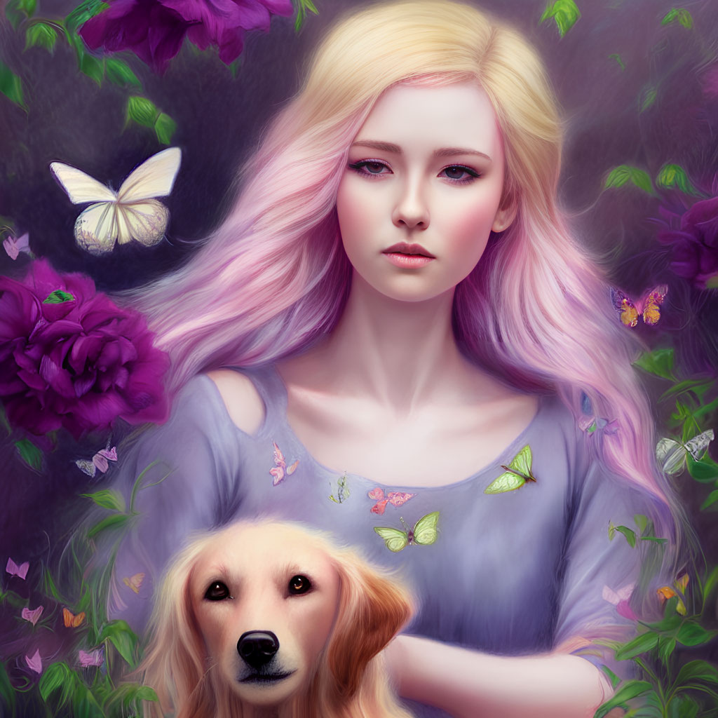 Pink-haired woman with serene expression, purple flowers, butterflies, and golden retriever.