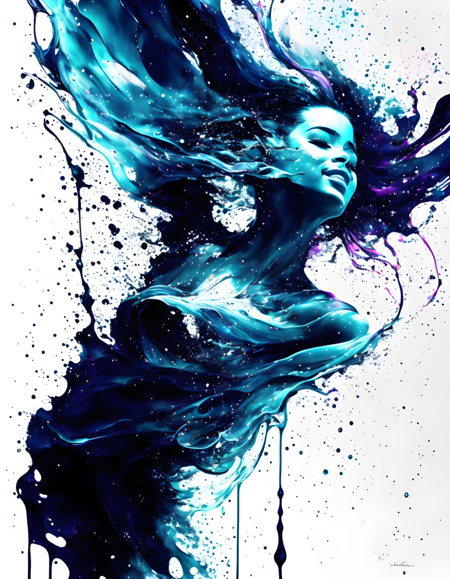 Colorful digital artwork: Woman's profile with hair as blue and purple paint